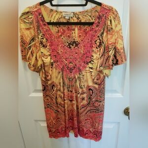 Women's Paisley V-Neck Top - Yellow and Red
